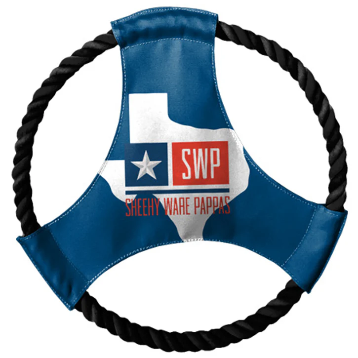blue and white frisbee dog toys